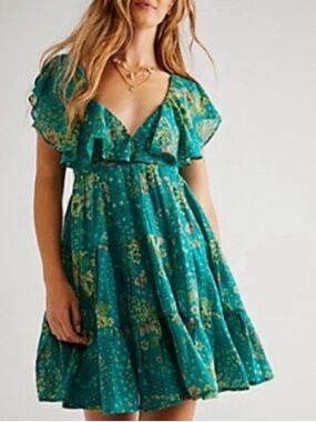 Free People Undone Floral Printed Mini Dress Size Large in Emerald Combo